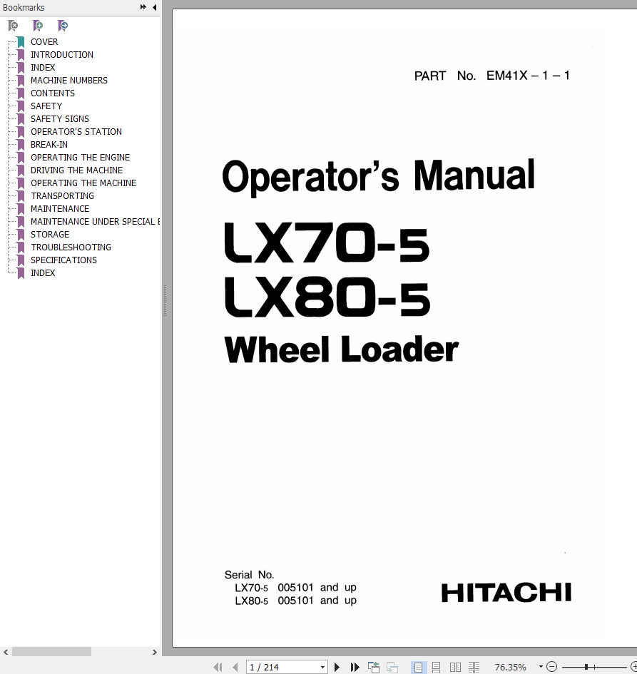 Hitachi Wheel Loader LX80 5 Operators Manual EM41X 1 1