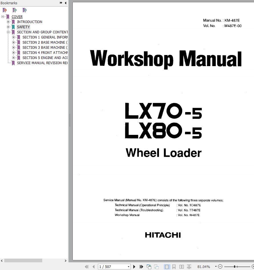 Hitachi Wheel Loader LX80 5 Workshop Manual W487E 00