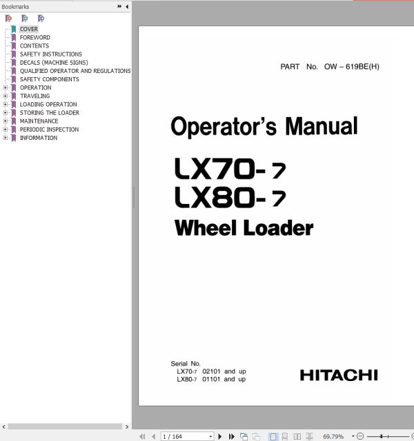 Hitachi Wheel Loader LX80 7 Operators Manual OW 619BEH