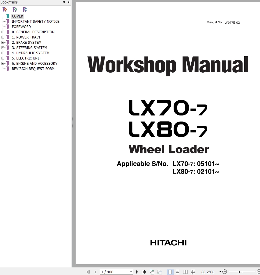 Hitachi Wheel Loader LX80 7 Workshop Manual W077E 02