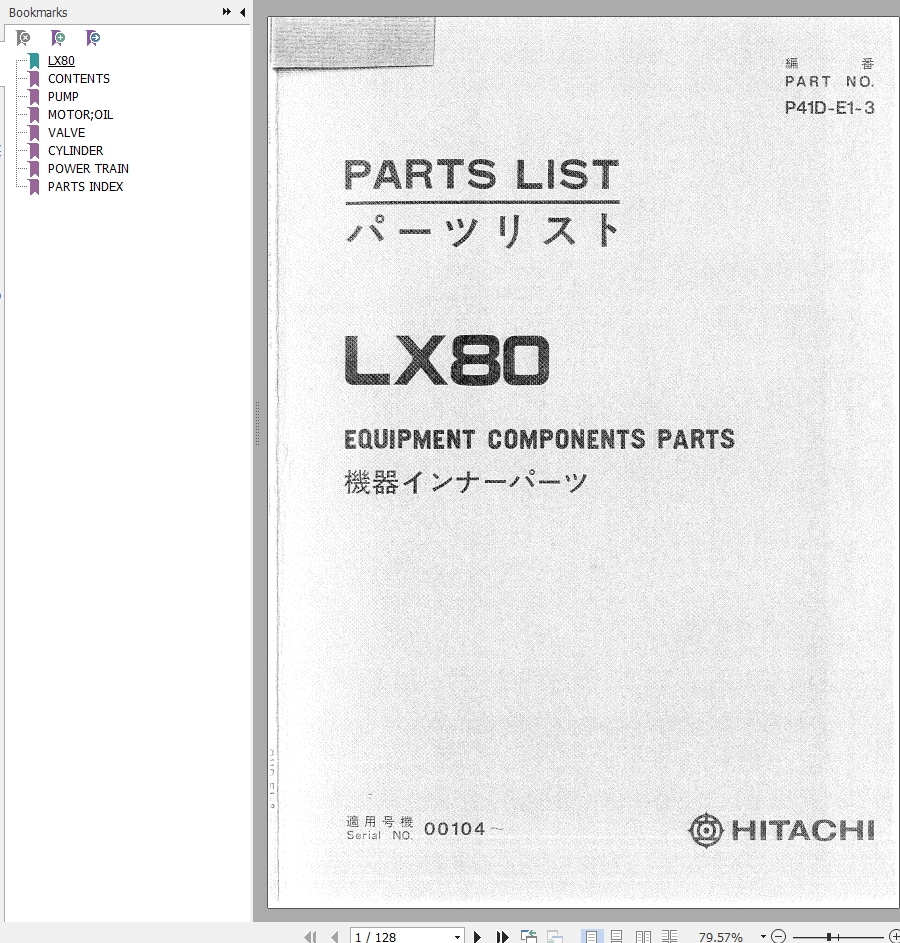 Hitachi Wheel Loader LX80 Equipment Components Parts List P41D E1 3 EN JP