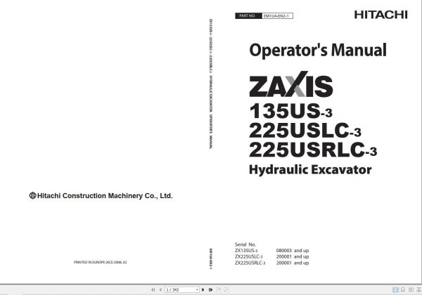 Hitachi ZX135US 3 ZX225USLC 3 ZX225USRLC 3 Operator Manual EM1U4 EN2 1 1