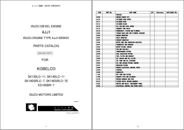 Isuzu Diesel Engine 4JJ1 For Kobelco SK130LC 11 to ED160BR 7 Parts Catalog