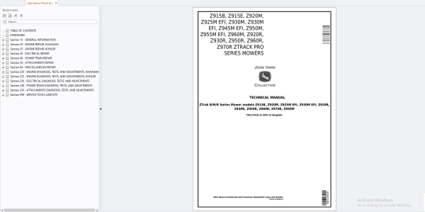 John Deere ZTrack Mowers Z915BE Z920MR Z925M Z930MR Z945M Z950MR Z960MR Z970R Technical Manual TM127619 2015