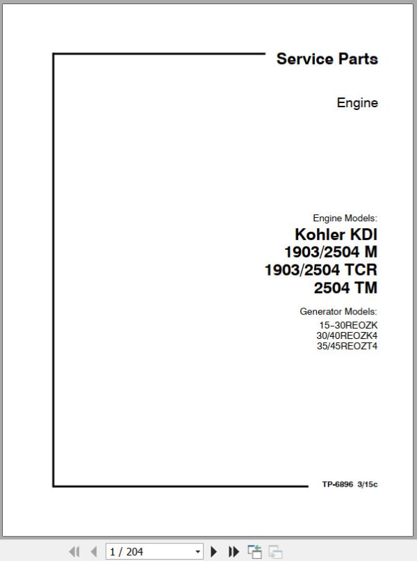 Kohler Engine KDI 1903M 2504M 1903TCR 2504TCR 2504TM Service Parts Manual