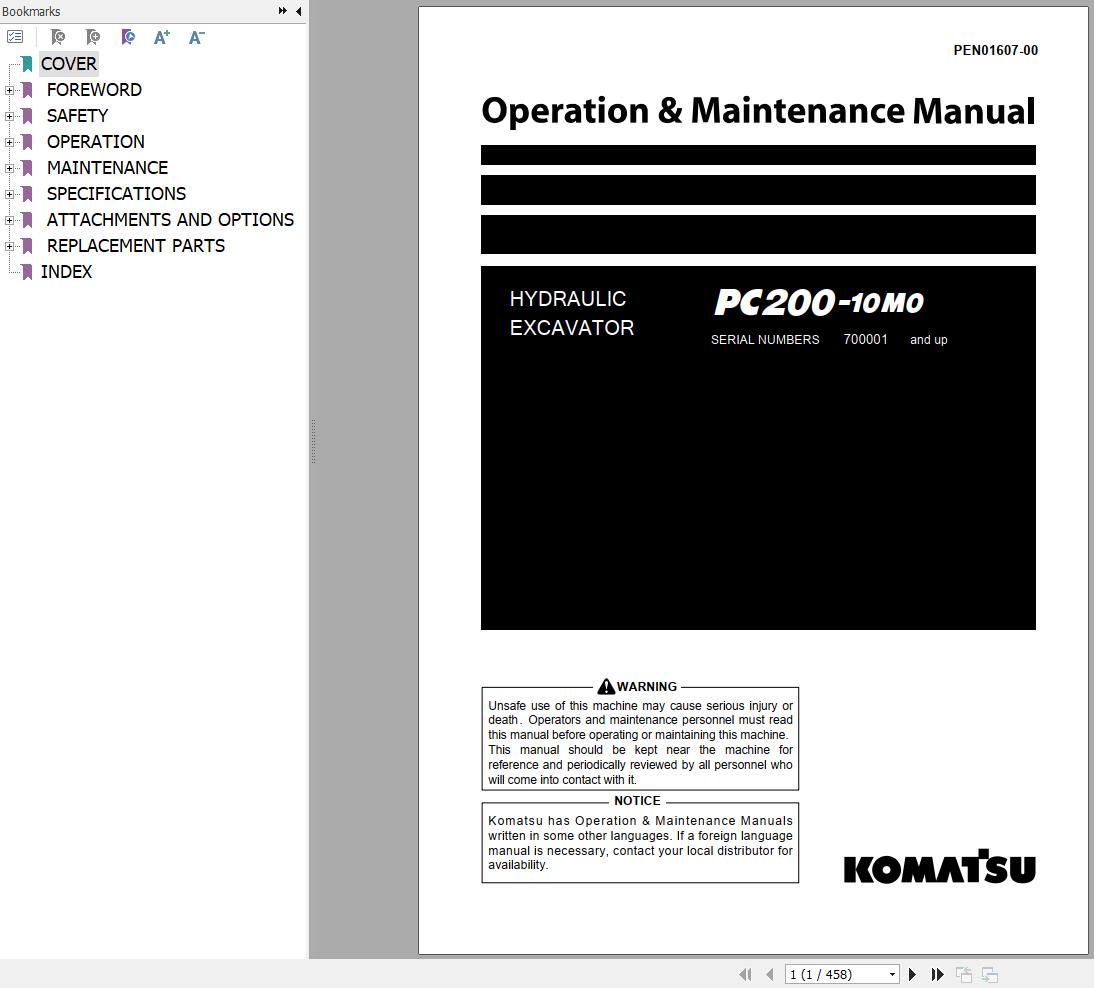 Komatsu Hydraulic Excavator PC200 10M0 Operation and Maintenance Manual PEN01607 00