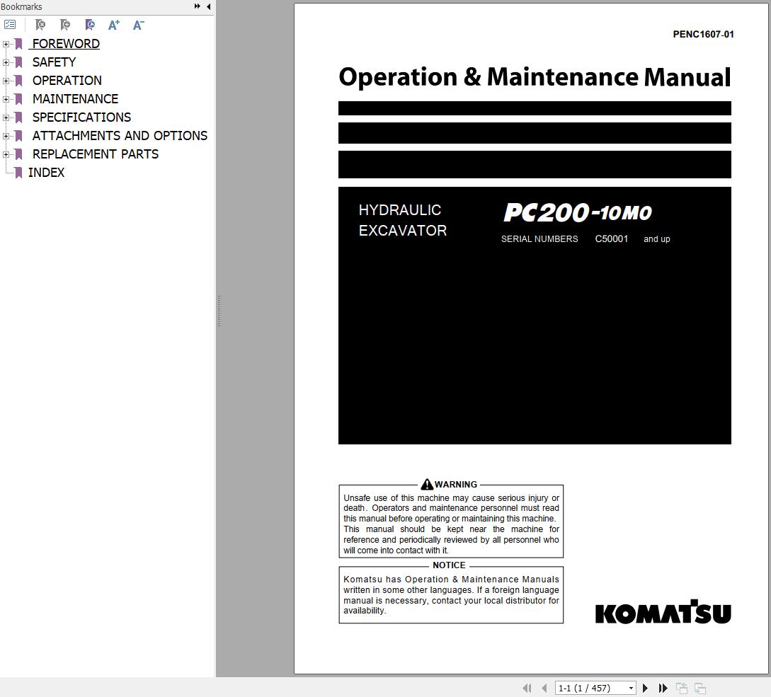 Komatsu Hydraulic Excavator PC200 10M0 Operation and Maintenance Manual PENC1607 01