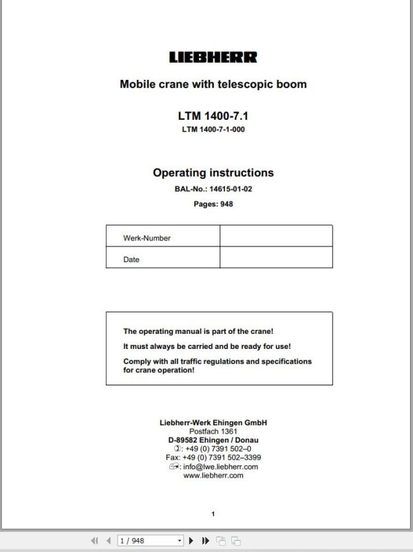 Liebherr Crane LTM 1400 7.1 Diagrams and Service Manual 6