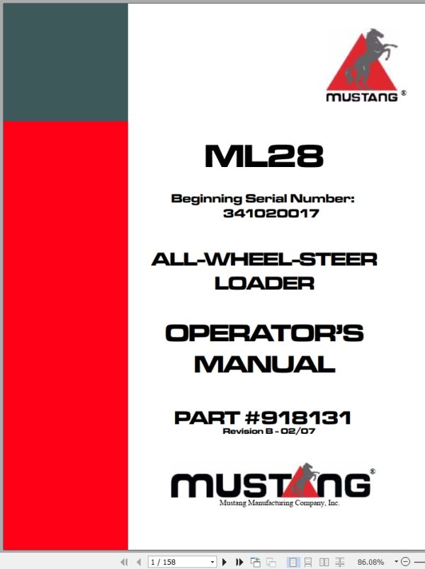 Mustang All Wheel Steer Loader ML28 Operator Manual 918131B