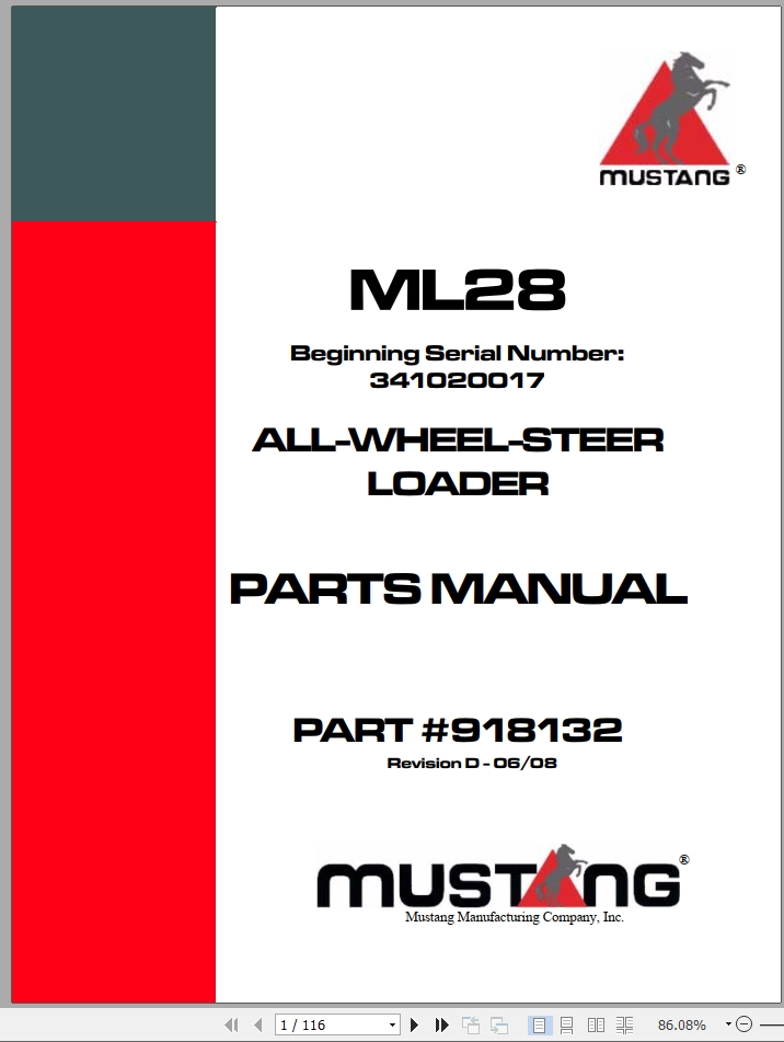 Mustang All Wheel Steer Loader ML28 Parts Manual 918132D