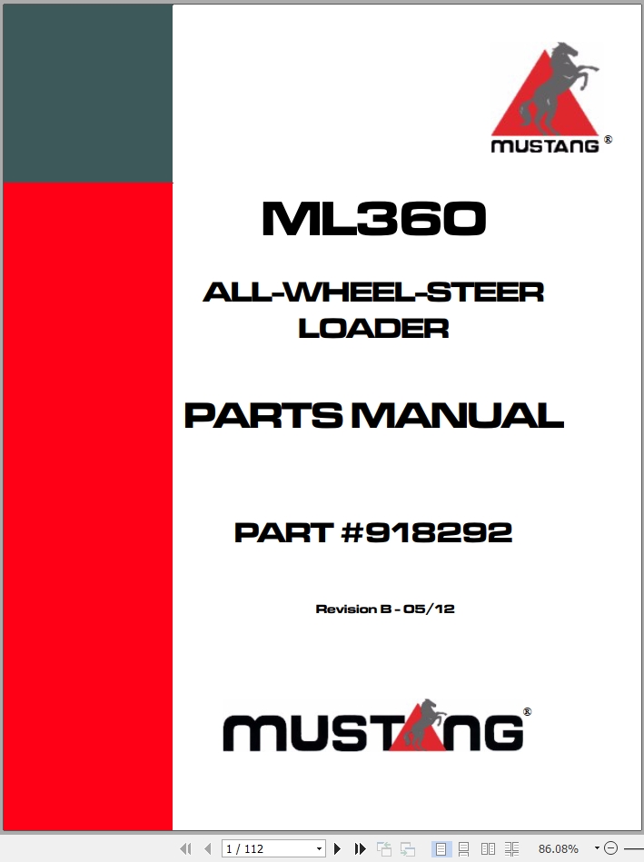 Mustang All Wheel Steer Loader ML360 Parts Manual 918292B