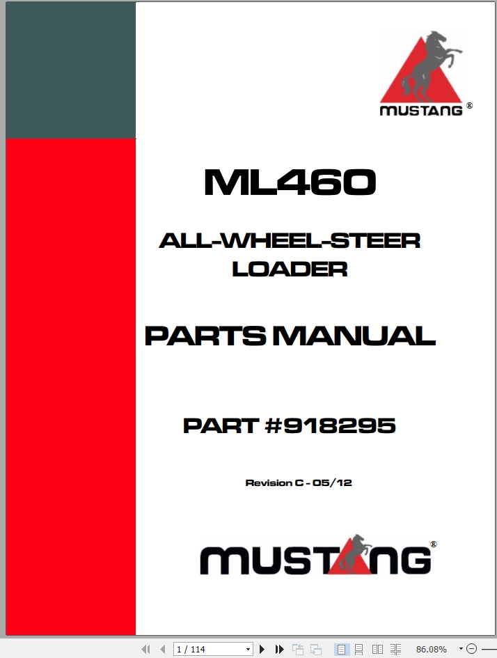 Mustang All Wheel Steer Loader ML460 Parts Manual 918295C