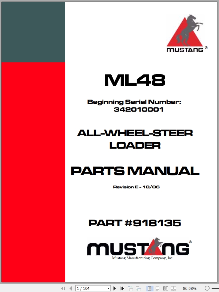 Mustang All Wheel Steer Loader ML48 Parts Manual 918135E