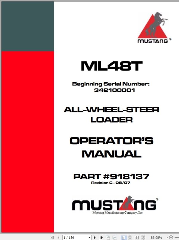 Mustang All Wheel Steer Loader ML48T Operator Manual 918137C