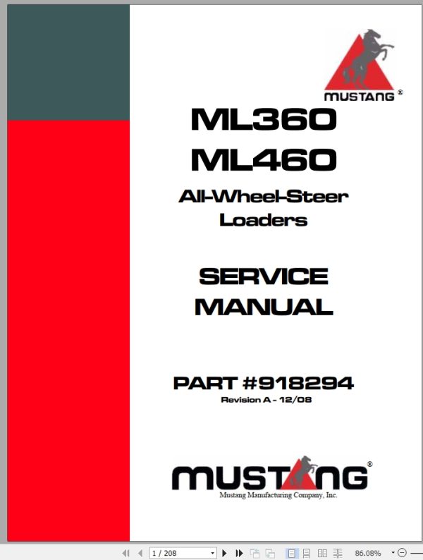 Mustang All Wheel Steer Loaders ML360 ML460 Service Manual 918294A
