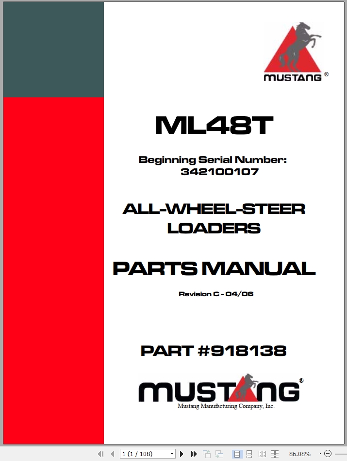 Mustang All Wheel Steer Loaders ML48T Parts Manual 918138C