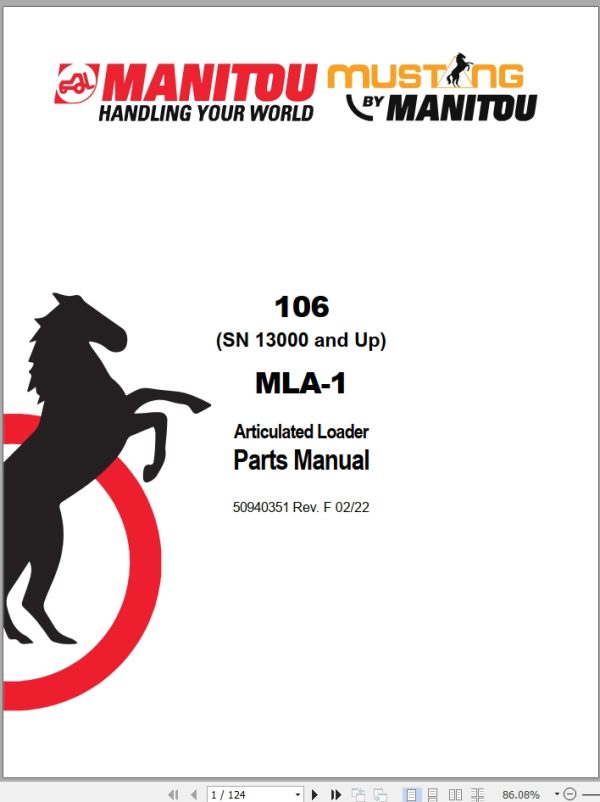 Mustang Articulated Loader 106 MLA 1 Parts Manual 50940351F
