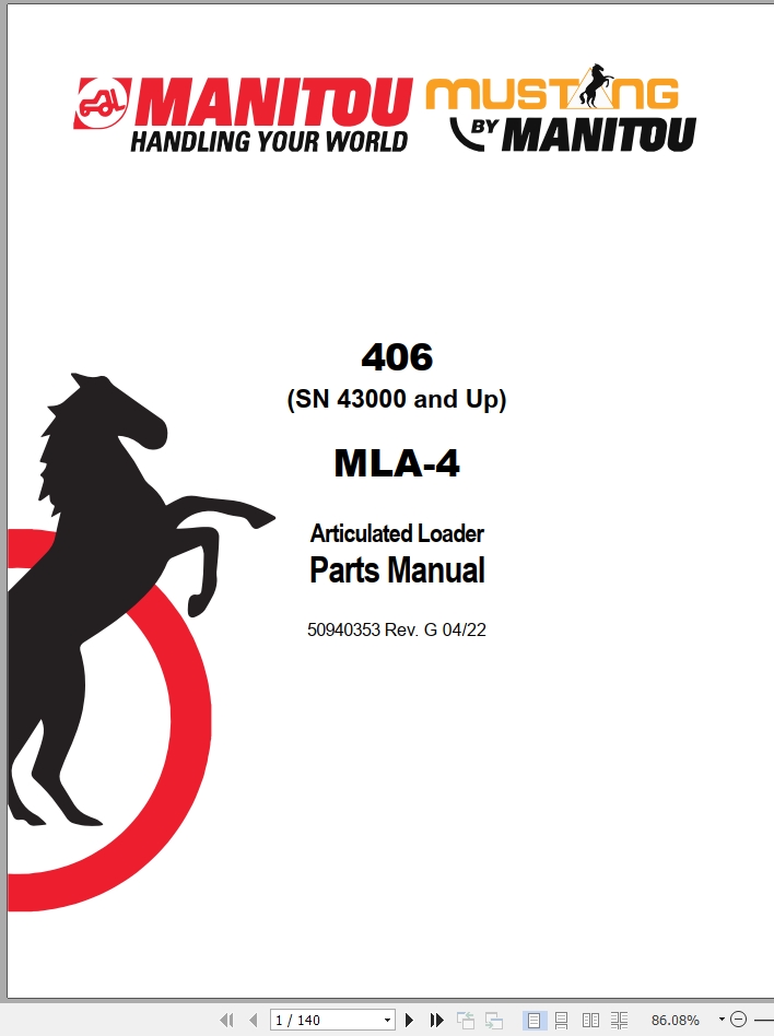 Mustang Articulated Loader 406 MLA 4 Parts Manual 50940353G