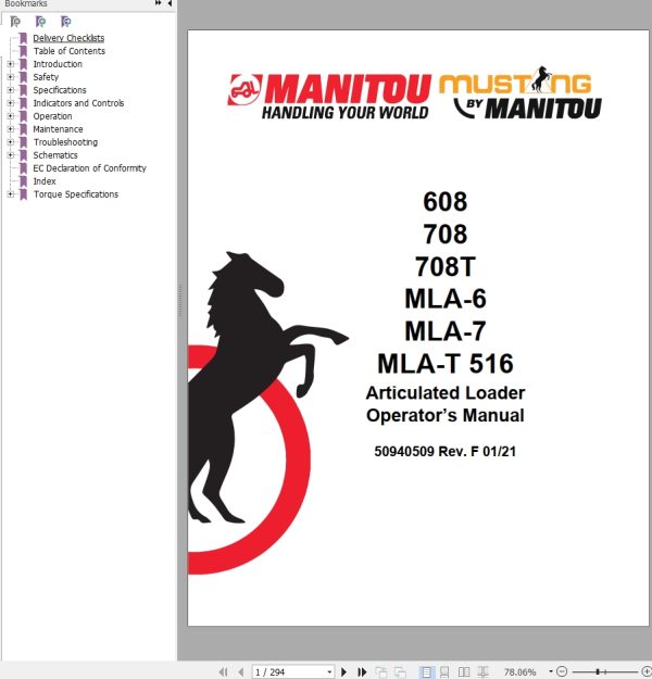 Mustang Articulated Loader 608 708 708T MLA 6 MLA 7 MLA T 516 Operator Manual 50940509F