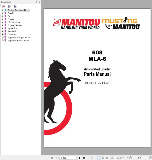 Mustang Articulated Loader 608 MLA 6 Parts Manual 50940373I