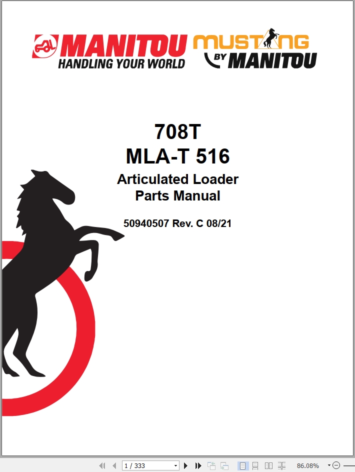 Mustang Articulated Loader 708T MLA T 516 Parts Manual 50940507C