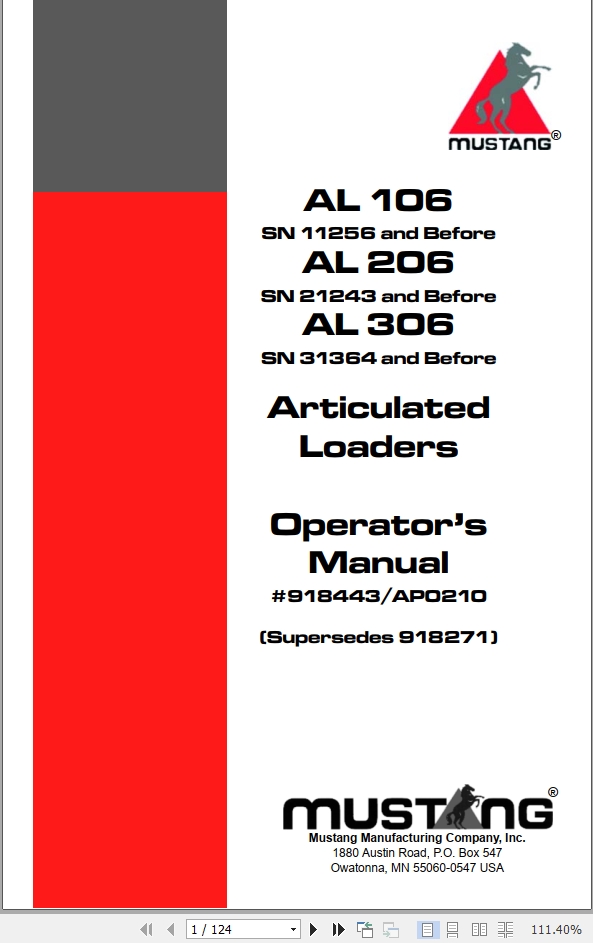 Mustang Articulated Loader AL106 AL206 AL306 Operator Manual 918443A