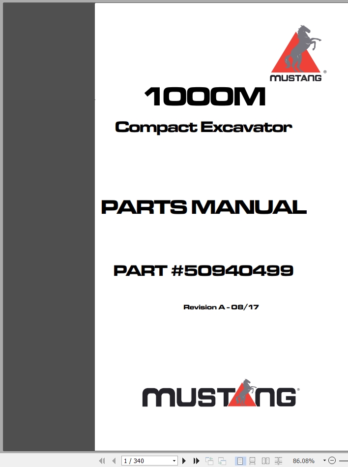 Mustang Compact Excavator 1000M Parts Manual 50940499A
