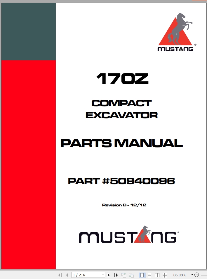 Mustang Compact Excavator 170Z Parts Manual 50940096B