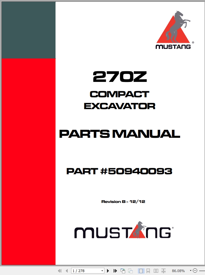 Mustang Compact Excavator 270Z Parts Manual 50940093B