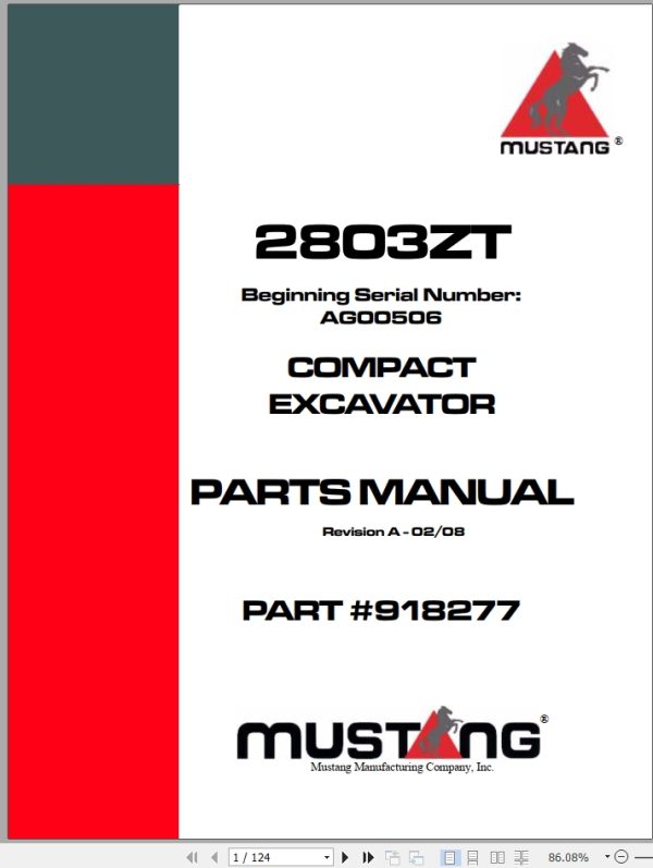 Mustang Compact Excavator 2803ZT Parts Manual 918277A
