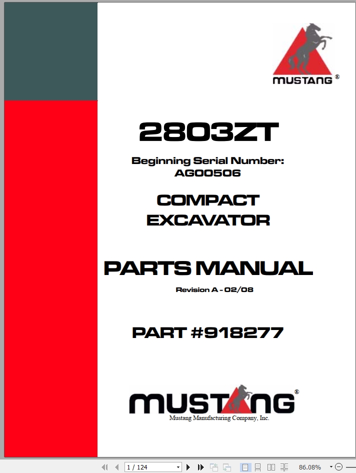 Mustang Compact Excavator 2803ZT Parts Manual 918277A