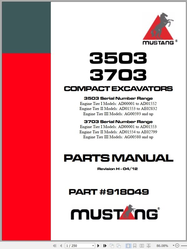 Mustang Compact Excavator 3503 3703 Parts Manual 918049H