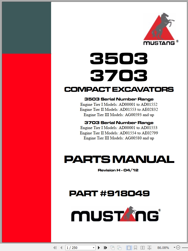 Mustang Compact Excavator 3503 3703 Parts Manual 918049H