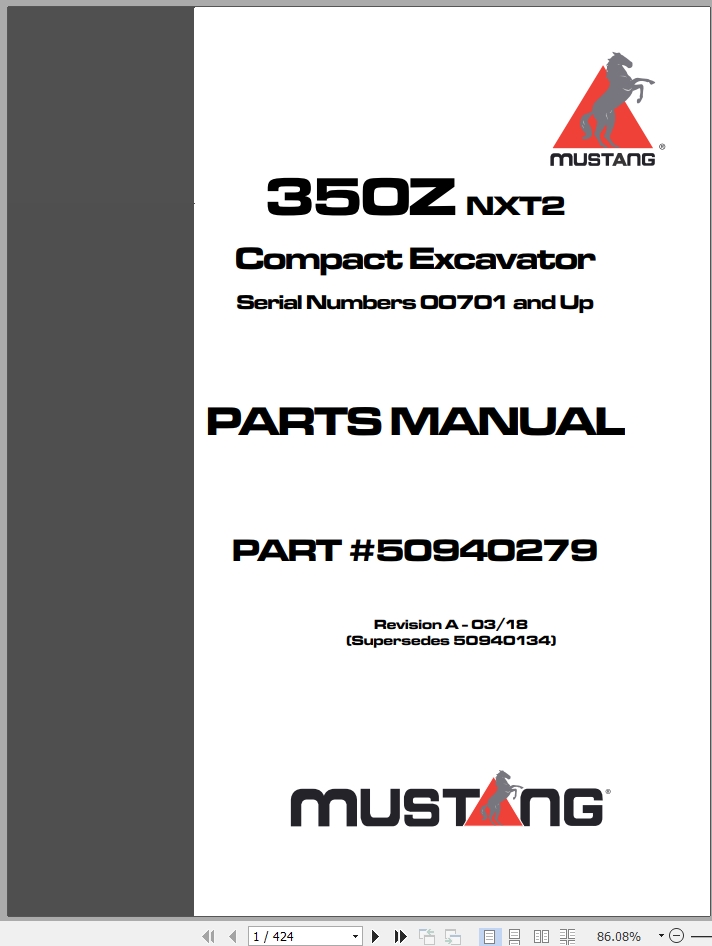 Mustang Compact Excavator 350Z NXT2 Parts Manual 50940279B