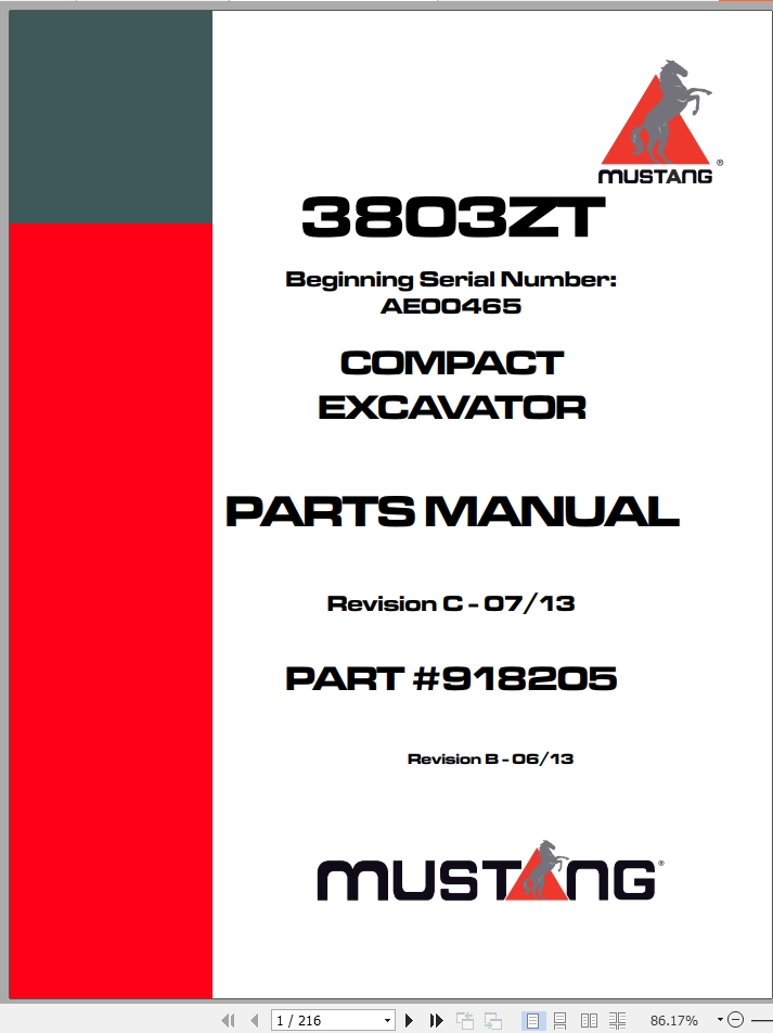 Mustang Compact Excavator 3803ZT Parts Manual 918205C