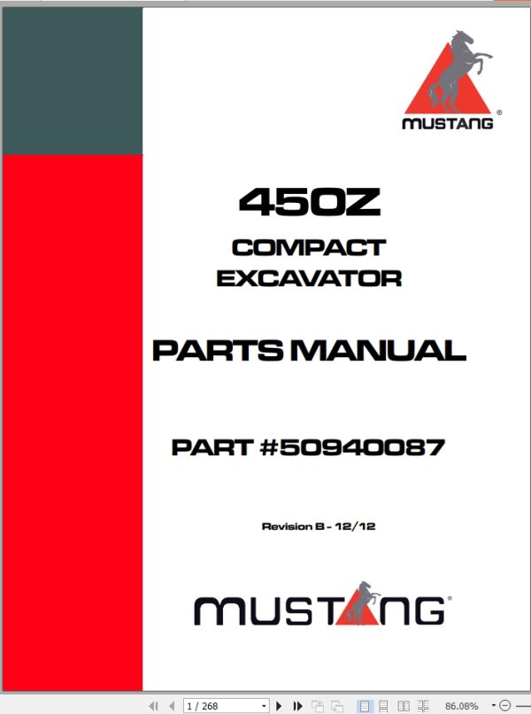 Mustang Compact Excavator 450Z Parts Manual 50940087B