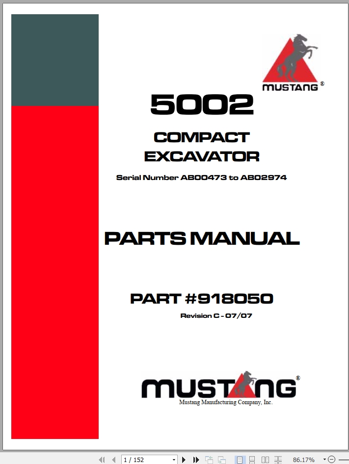 Mustang Compact Excavator 5002 Parts Manual