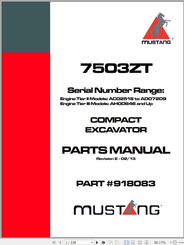 Mustang Compact Excavator 7503ZT Parts Manual 918083E