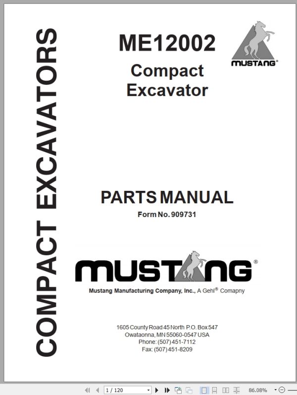 Mustang Compact Excavator ME12002 Parts Manual