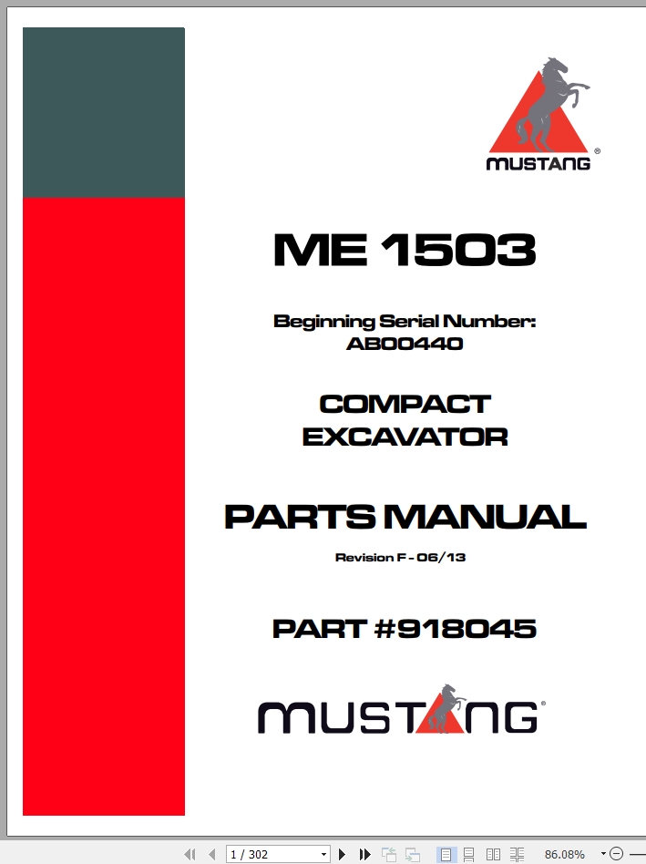 Mustang Compact Excavator ME1503 Parts Manual