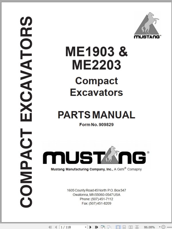 Mustang Compact Excavator ME1903 ME2203 Parts Manual