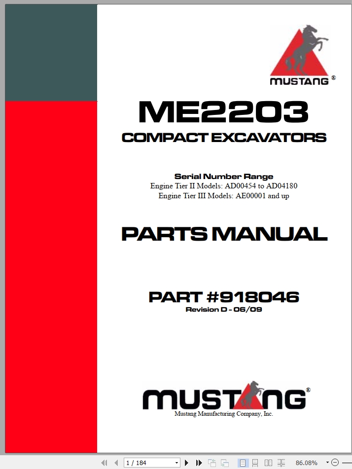 Mustang Compact Excavator ME2203 Parts Manual 918046D