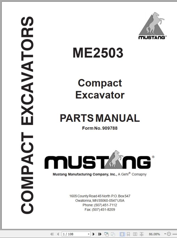 Mustang Compact Excavator ME2503 Parts Manual 909788A