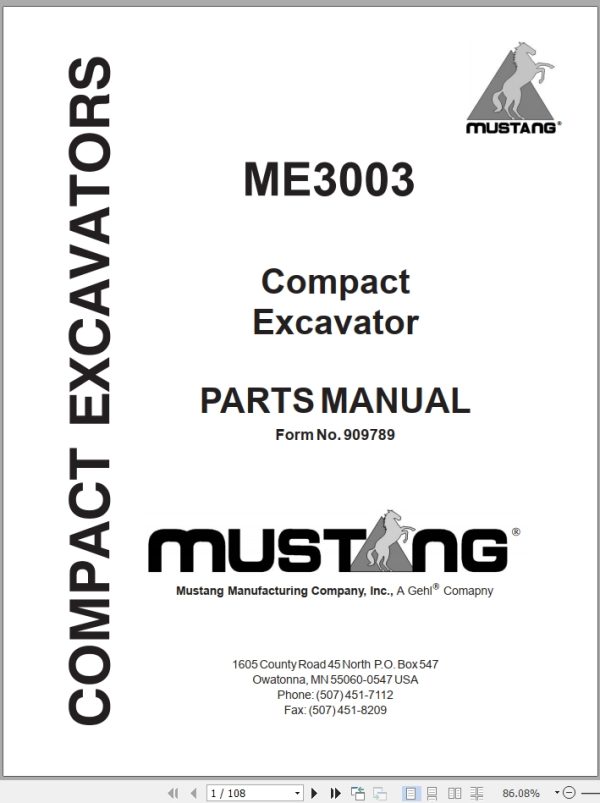 Mustang Compact Excavator ME3003 Parts Manual