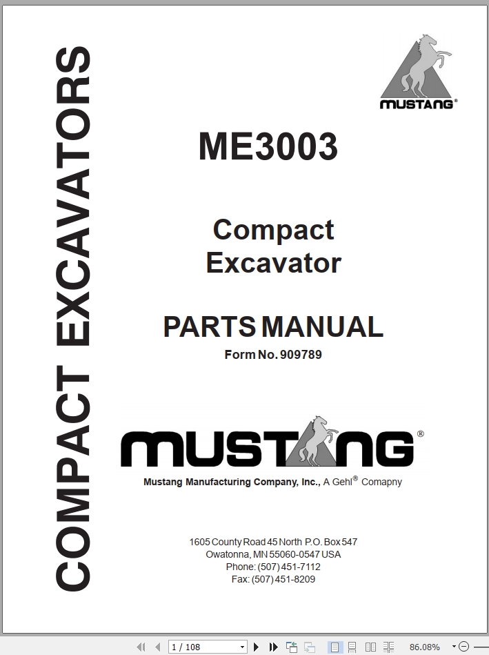 Mustang Compact Excavator ME3003 Parts Manual