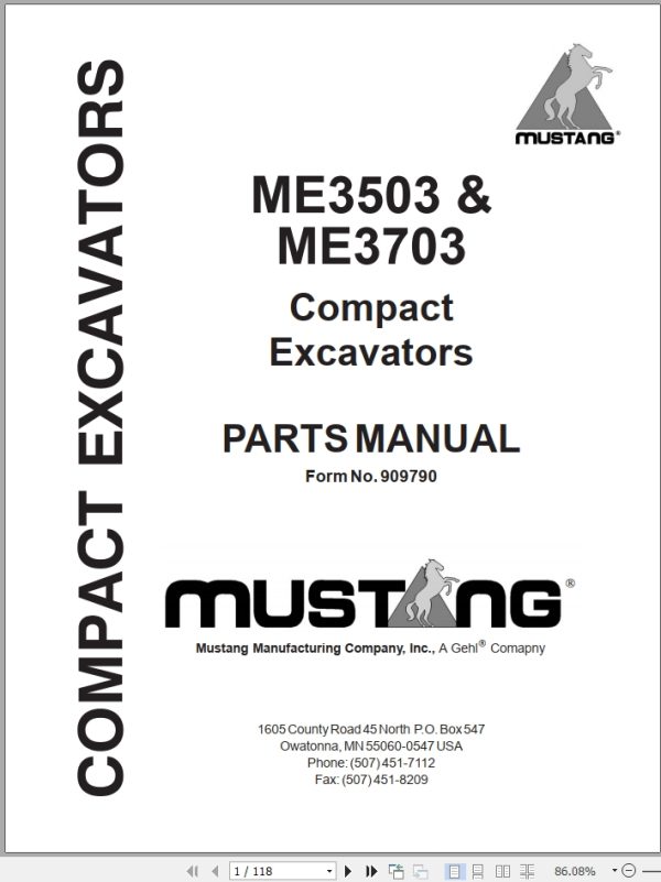 Mustang Compact Excavator ME3503 ME3703 Parts Manual 909790A 1