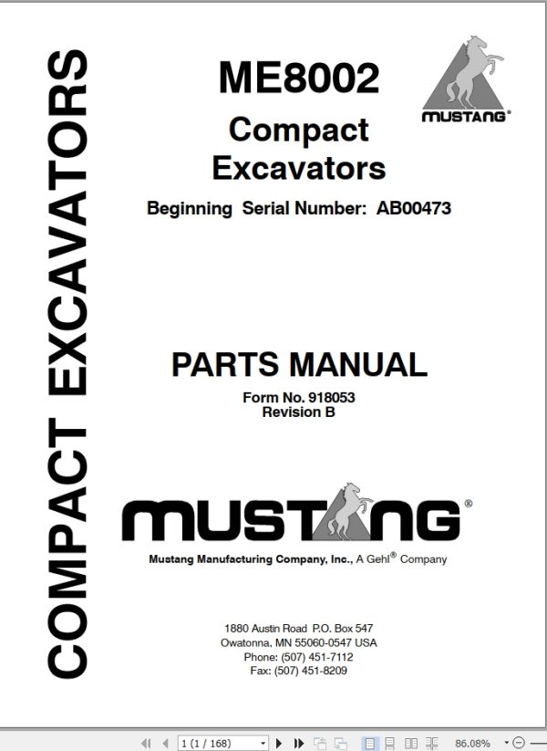 Mustang Compact Excavator ME8002 Parts Manual 918053B