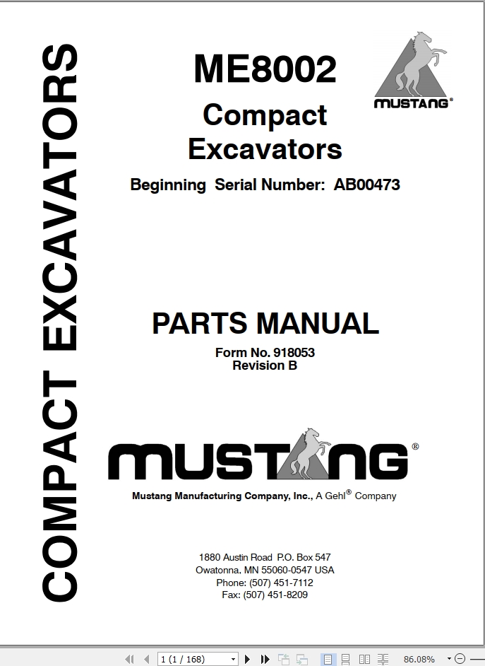 Mustang Compact Excavator ME8002 Parts Manual 918053B