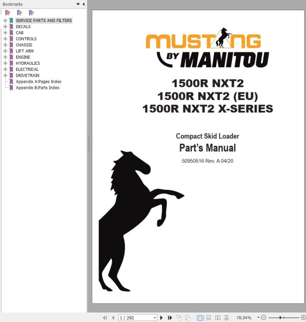 Mustang Compact Skid Loader 1500R NXT2 Parts Manual 50950516A