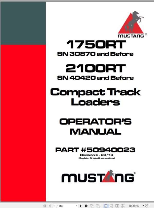 Mustang Compact Track Loader 1750RT 2100RT Operator Manual 50940023E